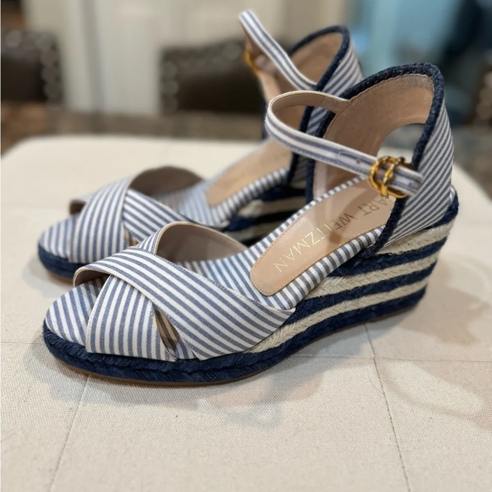Stuart Weitzman Navy and White Striped Espadrille Wedges
